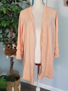 CALVIN KLEIN Peach Open Front Ruffled 3/4 Sleeve Cardigan